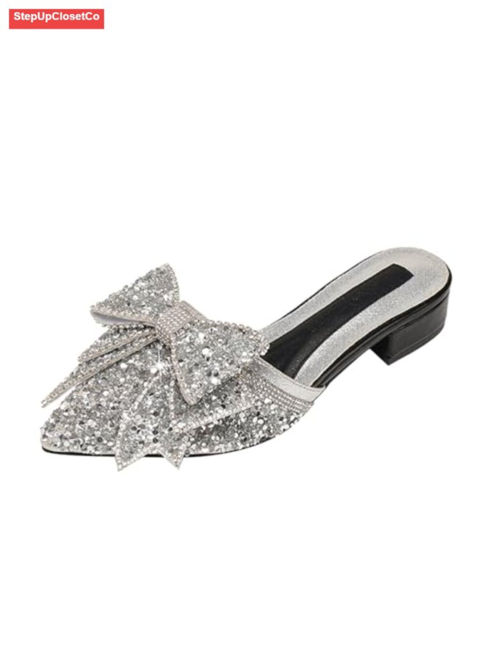 Women's Satin Rhinestone Bow Low Block Heel Closed Pointed Toe Mules Slip On